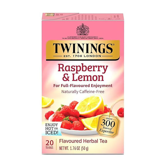 Twinings Raspberry & Lemon Herbal Tea Individually Wrapped Bags, 20 Count (Pack of 1), Unsweetened, Refreshing & Fruity, Naturally Caffeine-Free, Enjoy Hot or Iced, 20 Teabags