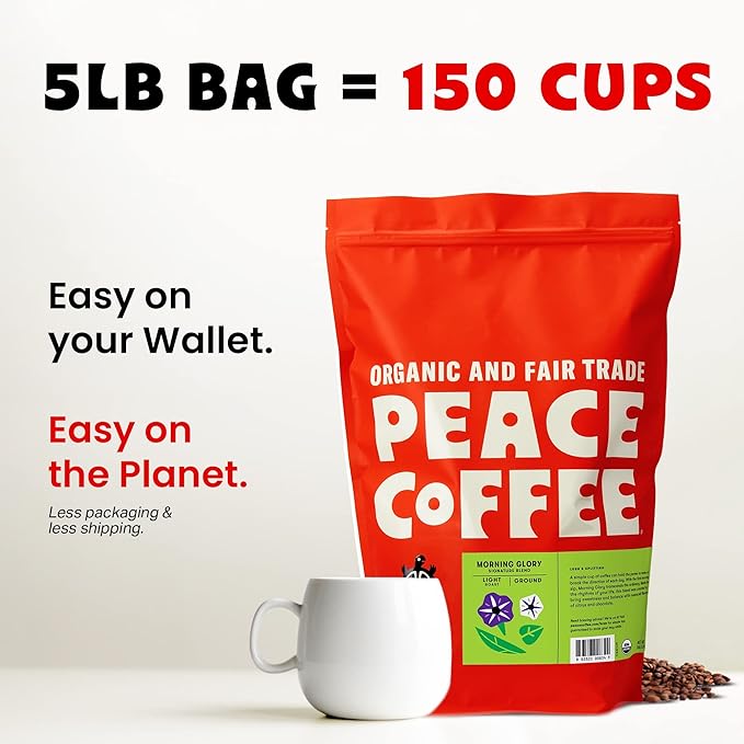 Peace Coffee Morning Glory Signature Blend | 5 lb Ground Light Roast | Organic Fair Trade | Smooth, Mild Flavor | Shade Grown, Fresh Roasted