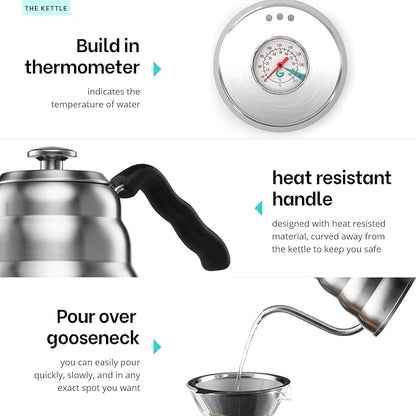 MITBAK Pour Over Coffee Maker Set | Kit Includes 40 OZ Gooseneck Kettle with Thermometer, Coffee Mill Grinder & 20 OZ Coffee Dripper Brewer | Great Replacement for Coffee Machines