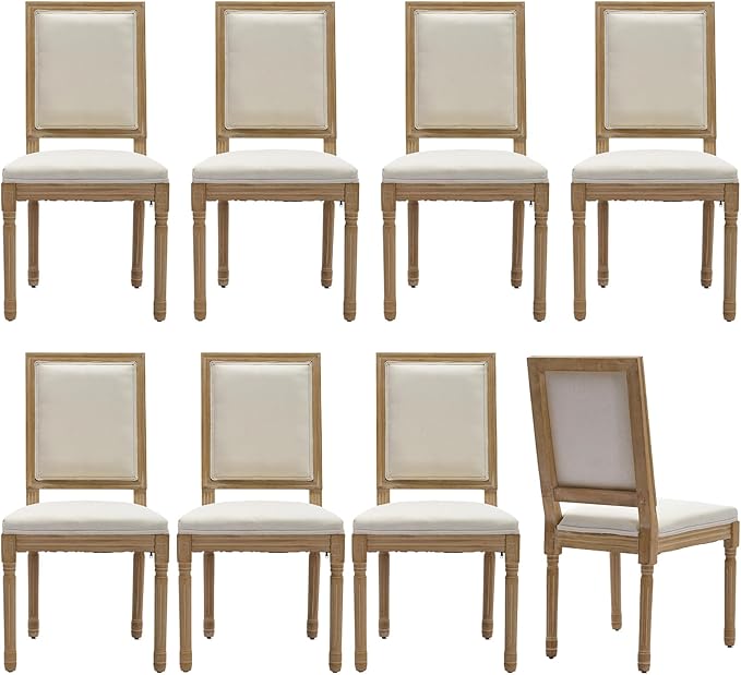 Vintage French Country Dining Room Chairs Set of 8, Linen Dining Chairs With a Square Back, Beige Upholstered Dining Chair, Sillas para Comedor, Kitchen & Dining Room Chair (Beige, Linen, 8Pcs)
