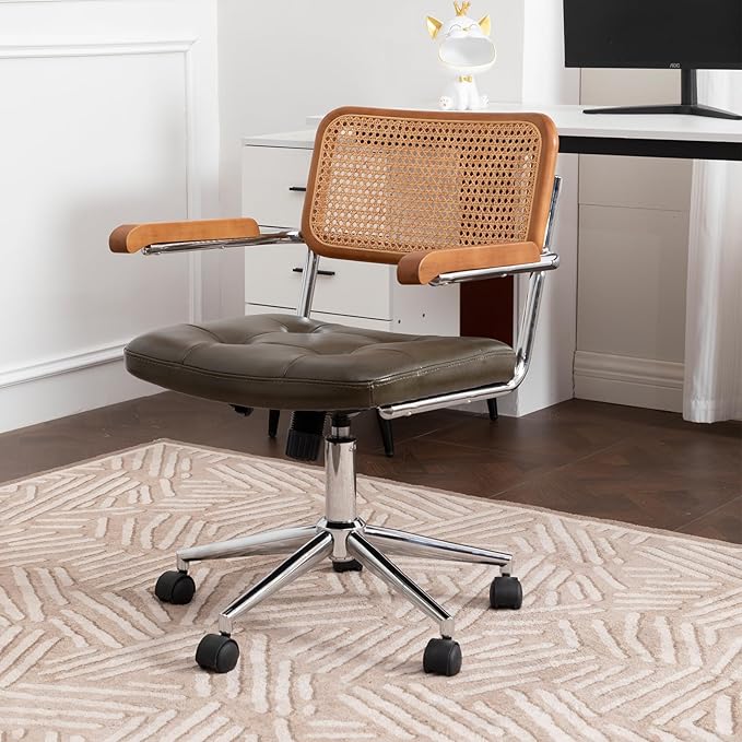Genuine Leather Rattan Office Chairs, Modern Rattan Desk Chair with Natural Back & Wood Armrest, Small Upholstered Tufted Cowhide Home Office Desk Chairs for Home Office, Bedroom, Study, Olive Green