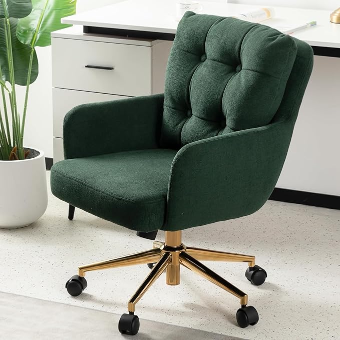 Flannel Office Chair, Comfy Home Office Desk Chairs with Lumbar Support, Modern Velvet Desk Chair Gold Legs Small Swivel Task Chair for Home Office, Bedroom, Study (Green, L)