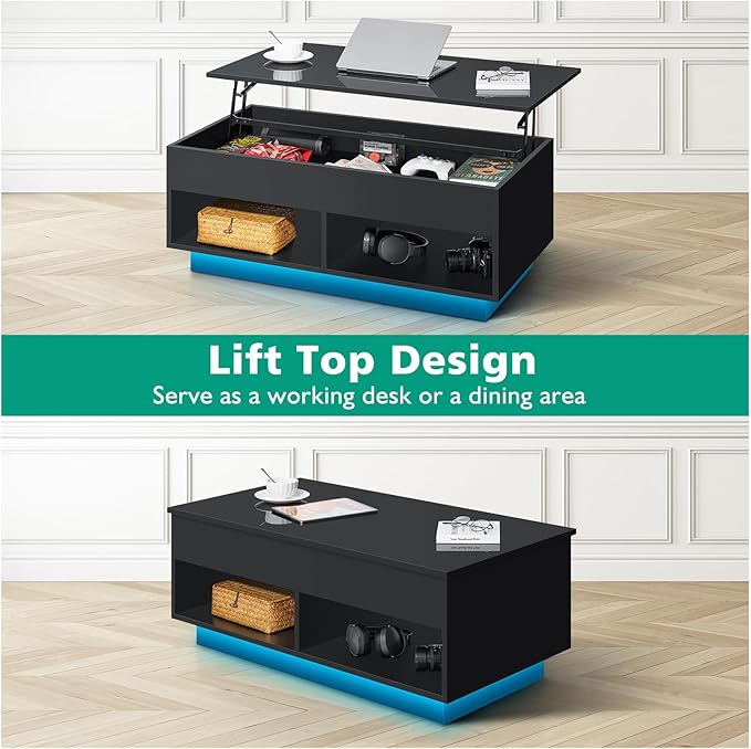 HOMMPA 40" Modern LED Coffee Table with Storage for Living Room, Lift Top Coffee Table with 2 Shelves, High Glossy Wooden Dining Table, Multifunctional Furniture for Bedroom Home Office, Black