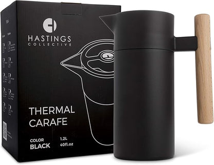 Hastings Collective Thermal Coffee Carafe 40 Oz - Stainless Steel Double Walled Vacuum Insulated Carafe - 1 Liter Thermal Coffee Pot Thermos, Travel Size Beverage Dispenser with Tea Infuser (Black)