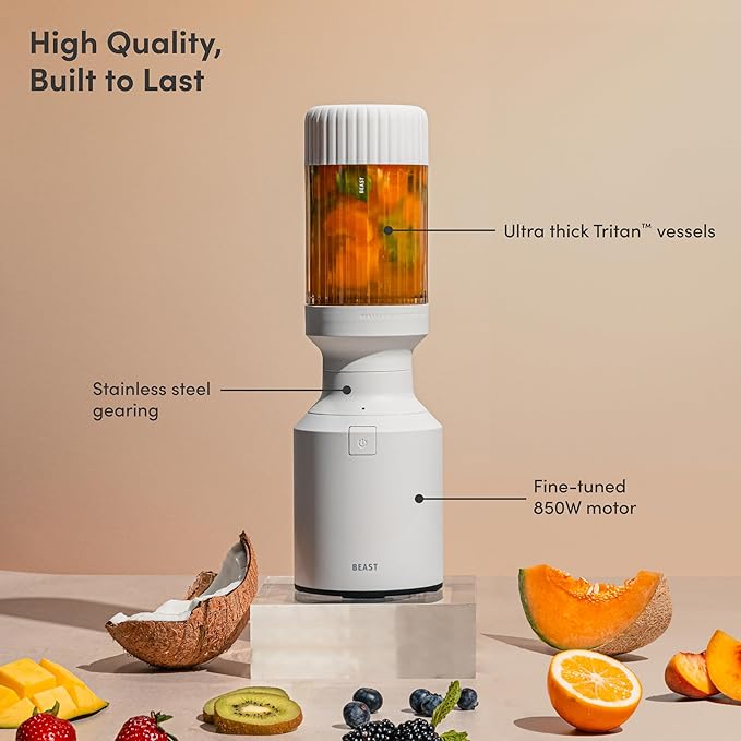 Beast Mighty 850 Plus | Premium Compact Personal Blender | Smoothies, Shakes, Dressings, Sauces | Blends Ice and Frozen Fruit | New XL Vessel | Extra Vessels, Lids and Straws | 850W (Cloud White)