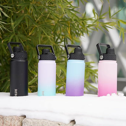 BJPKPK 2 Pack Insulated Water Bottles with Straw Lids, 22oz Stainless Steel Metal Water Bottle with 6 Lids, Leak Proof BPA Free Jugs, Cups, Flasks for Travel, Sports (Blossom+Ocean)