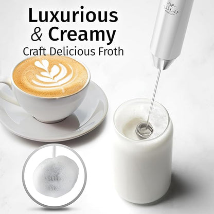 Zulay Kitchen Lux Rechargeable Milk Frother Handheld - Powerful 2-Speed Motor, Fully Waterproof, 2000mAh Battery - Drink Mixer For Latte, Cappuccino, Matcha, Protein Powder - White