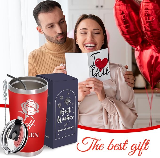 Made in USA - Personalized Tumbler with Engraved Name - Custom Coffee Mug Cup 20 Oz with Lid - Customized Valentines Day Gifts - Gifts for Boyfriend Girlfriend Husband Wife