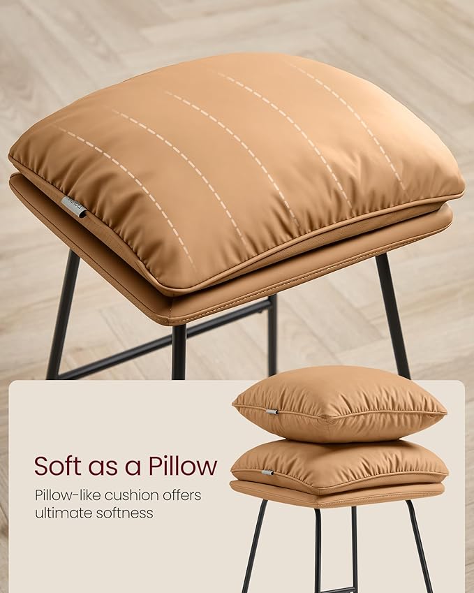 VASAGLE Bar Stools Set of 2, Counter Height Bar Stools, Leather Counter Stools Barstools with Soft Cushion and Metal Sled Legs, 25.6 Inches Bar Height Bar Chairs for Kitchen Island, Caramel Brown