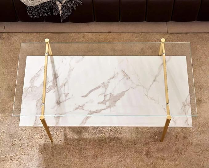 Shrine Rectangle Coffee Table, Mid-Century Modern Design, 2-Tier Structure, Clear Glass Top and White MDF Shelf, 41" D x 21" W x 17" H, Sleek Conical Metal Legs with Gold Finish
