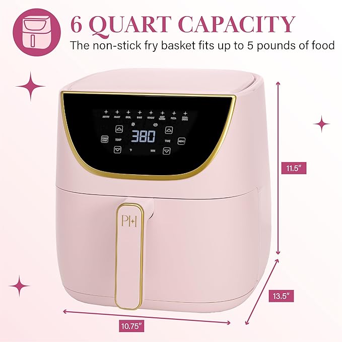 Paris Hilton Air Fryer, Large 6-Quart Capacity, Nonstick Made without PFAS, Touchscreen Display, 8-in-1 (Air Fry, Roast, Broil, Bake, Reheat, Keep Warm, Pizza, Dehydrate), Dishwasher Safe, Pink