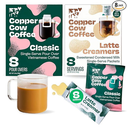Copper Cow Coffee Pour Over Vietnamese Ground Coffee Pouches + Sweetened Condensed Milk Creamers (8 Coffees & 8 Milk Creamers) | Classic Black Lattes, No Refrigeration Needed
