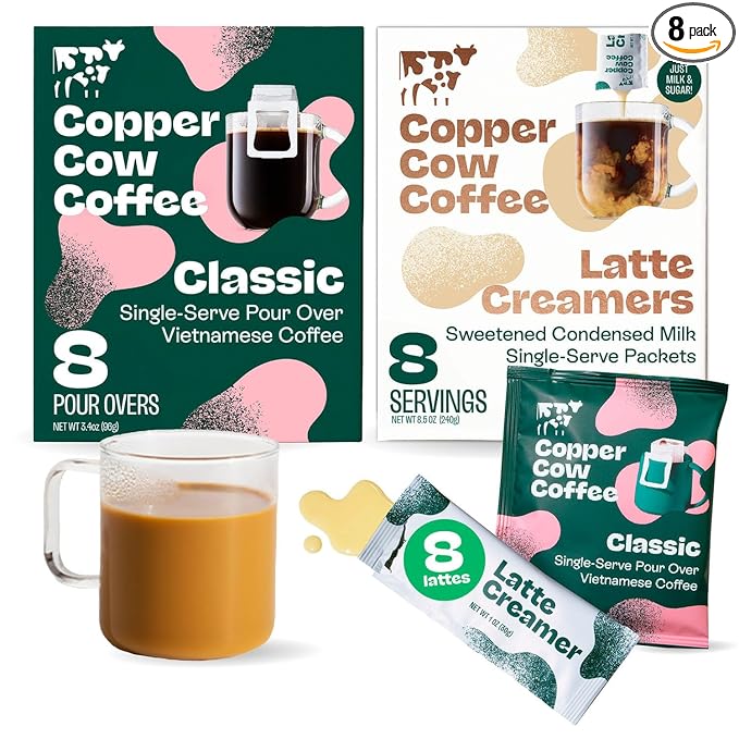 Copper Cow Coffee Pour Over Vietnamese Ground Coffee Pouches + Sweetened Condensed Milk Creamers (8 Coffees & 8 Milk Creamers) | Classic Black Lattes, No Refrigeration Needed