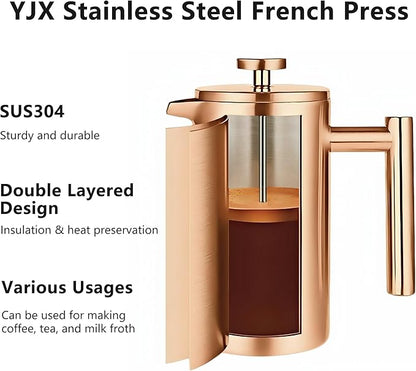 YJX 34oz Coffee Maker, Stainless Steel French Press, 1 Liter Camping Coffee Pot, Tea Maker, 34 Ounce Travel Coffee Presses, Heat Resistant Double Insulated (Coppery)