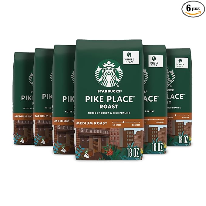 Starbucks Whole Bean Coffee, Medium Roast Coffee, Pike Place Roast, 100% Arabica, 6 bags (18 oz each)