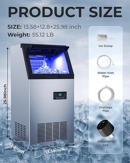 Commercial Ice Maker Machine 120LBS/Day, Undercounter Ice Makers30LBS Storage Bin and 45 Ice Trays, Icemaker Machine Double Water Inlet with Water Line, Ice Scoop