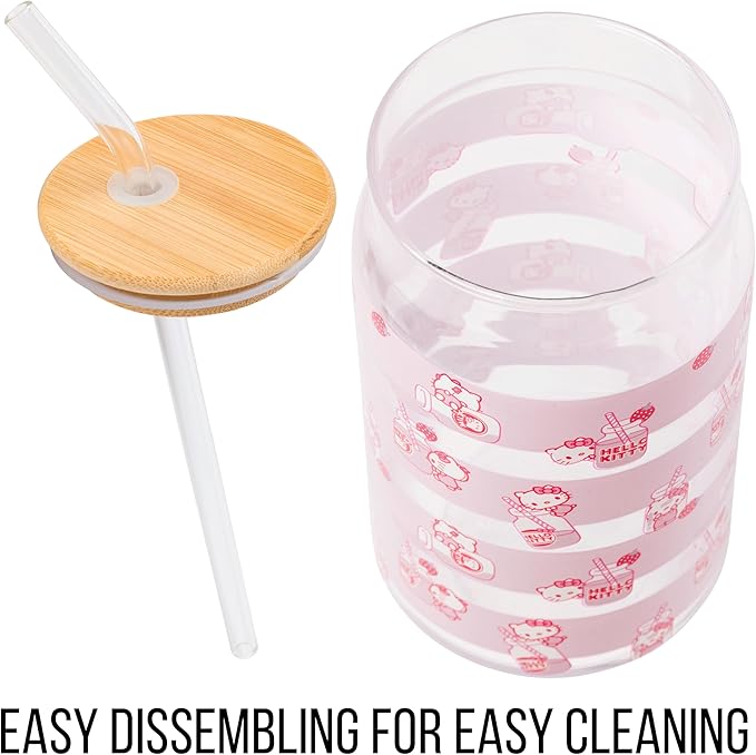 Silver Buffalo Sanrio Hello Kitty Strawberry Milk Pink Glass Jar Tumbler with Bamboo Lid and Glass Straw, 16 Ounces