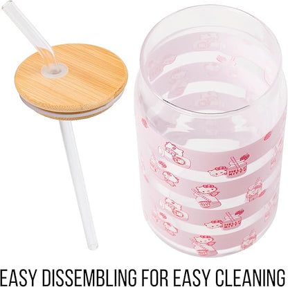 Silver Buffalo Sanrio Hello Kitty Strawberry Milk Pink Glass Jar Tumbler with Bamboo Lid and Glass Straw, 16 Ounces