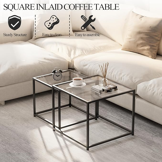 Glass Nesting Coffee Table Set of 2, Modern Minimalist Center Tables, Living Room Coffee Tables for Home, Office, Bedroom, Small Spaces, Space-Saving, Black