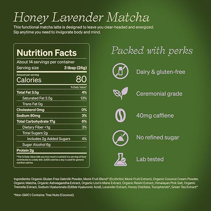 Clevr Blends Organic Honey Lavender Matcha SuperLatte, Instant Ceremonial Grade, Superfood Powder Blend, Oat Milk, Lion Mane, Reishi Mushroom, Coconut Cream, Ashwagandha, Serve Hot or Iced (14 Lattes)