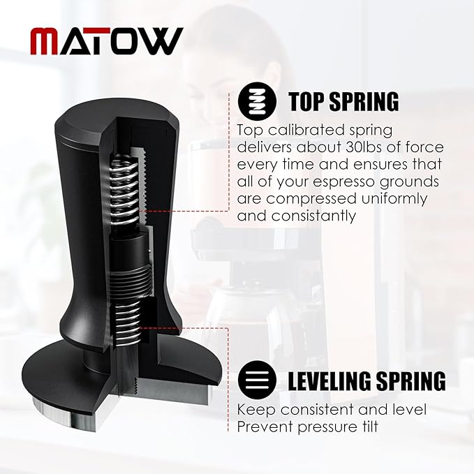 53.3mm Espresso Hand Tamper, MATOW Calibrated Spring Loaded Coffee Tamper with Stainless Steel Flat Base, 30lbs Espresso Tamper with Anodized Aluminum Handle Compatible with Breville 54mm Portafilter