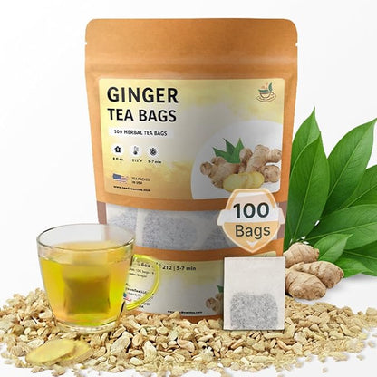TeaDreamTea Ginger Tea Bags - 100 Bleach-Free Tea Bags | Caffeine Free, Antioxidant, Calms Upset Stomach - Strengthen Immune System - Herbal Ginger Tea