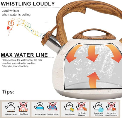 Tea Kettle, Vegoran 100 OZ / 3 Liter Whistling Tea Kettle, Tea Pots for Stove Top Food Grade Stainless Steel with Wood Pattern Folding Handle, Loud Whistle Kettle for Tea, Coffee, Milk (B-White)