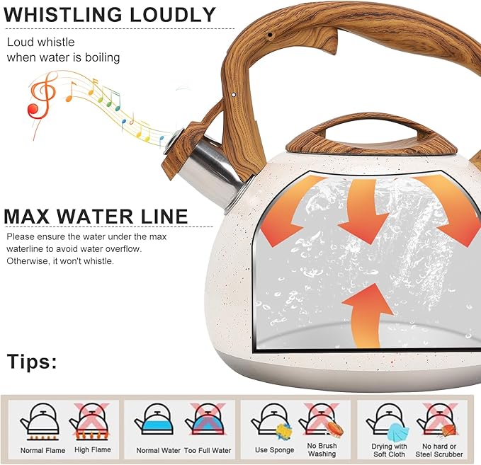 Tea Kettle, Vegoran 100 OZ / 3 Liter Whistling Tea Kettle, Tea Pots for Stove Top Food Grade Stainless Steel with Wood Pattern Folding Handle, Loud Whistle Kettle for Tea, Coffee, Milk (B-White)