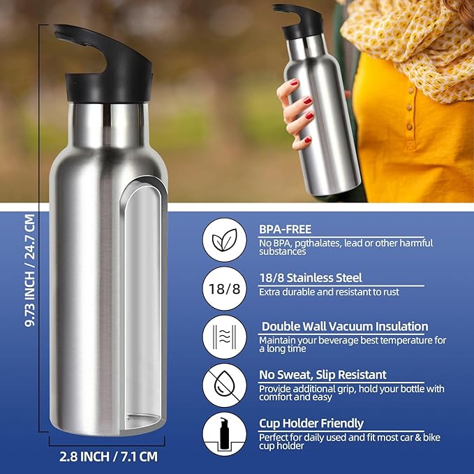 Volhoply 17oz Kids Insulated Water Bottle,Stainless Steel Water Bottles with Straw Lid,Reusable Metal Cups Water Bottle,Double Wall Vacuum Sport Water Flask Keep Cold for School,Child(Silver,1 Set)