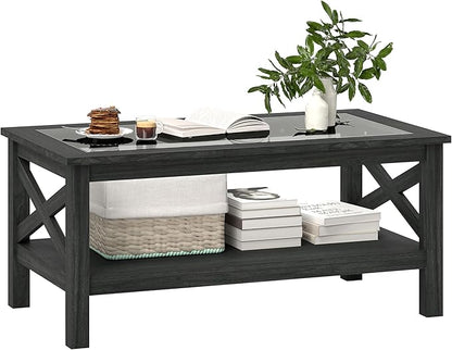 HOMCOM Glass Coffee Table, Modern Farmhouse Center Table with Storage, Side Table for Living Room with Classic X-Bar Style Sides, Black
