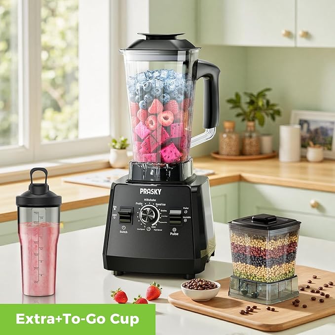 Blender for smoothies, PRASKY 1000W Blenders for Kitchen, 25,000 RPM Powerful Blender 68oz BPA-Free Juicer and Grinder with To-Go Gym Bottle, Countertop Blenders for Ice Crushing, Shakes, Fruits