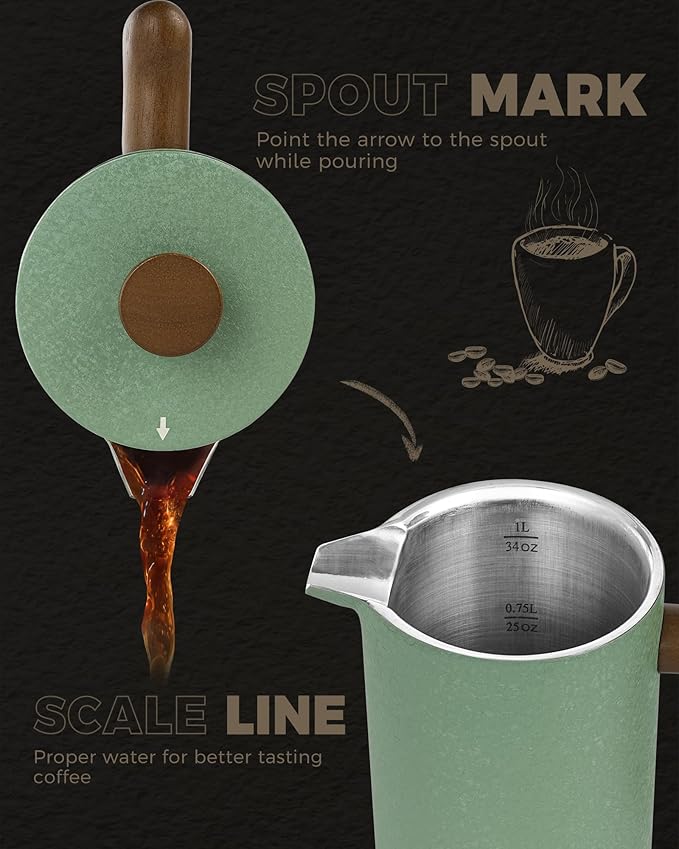 POLIVIAR French Press Coffee Maker, 34 oz Coffee Press with Real Wood Handle, Double Wall Insulation & Dual-Filter Screen, Food Grade Stainless Steel for Good Coffee and Tea JX2023-FPLN