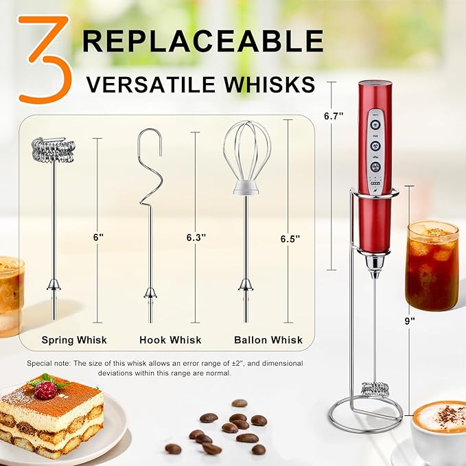 YUSWKO Red Rechargeable Milk Frother for Coffee with Stand, Handheld Drink Mixer with 3 Heads 3 Speeds Electric Stirrers for Latte, Cappuccino, Hot Chocolate, Egg