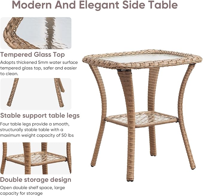 Patio Wicker Side Table, Outdoor PE Rattan End Table with 5mm Tempered Glass Top and 2-Tier Storage Shelf, 20" Square Coffee Table for Deck Porch Garden Backyard-Yellow