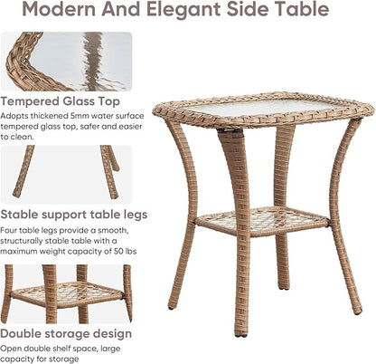 Patio Wicker Side Table, Outdoor PE Rattan End Table with 5mm Tempered Glass Top and 2-Tier Storage Shelf, 20" Square Coffee Table for Deck Porch Garden Backyard-Yellow