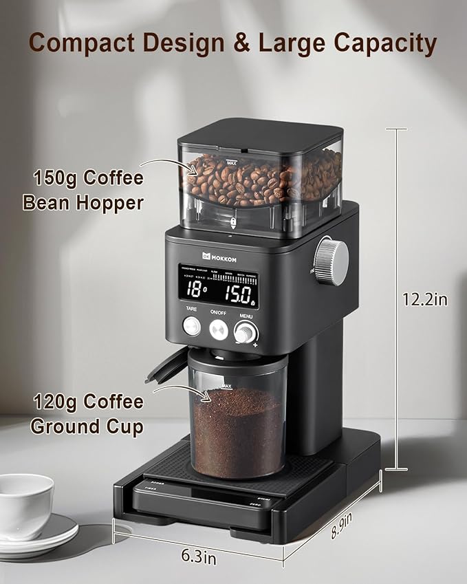 MOKKOM Coffee Grinder with Removable Coffee Scale via Bluetooth Connectivity, Anti-static Conical Burr Coffee Bean Grinder, 31 Precise Settings for Espresso/Drip/Pour Over/Cold Brew/French Press