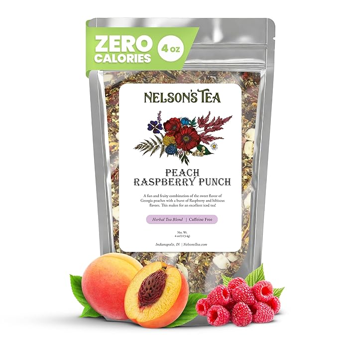 Nelson's Tea - Peach Raspberry Punch - Caffeine Free, Rooibos Loose Leaf Tea - Green rooibos, honey bush, hibiscus flower, orange peel, pomegranate, peaches, and raspberries - 4 oz
