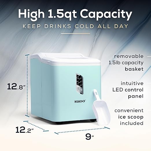 Igloo Automatic Ice Maker, Self-Cleaning, Countertop Size, 26 lbs in 24 Hours, 9 Large or Small Ice Cubes in 7 Minutes, LED Control Panel, Scoop Included, Great for Water Bottles, Mixed Drinks, Aqua