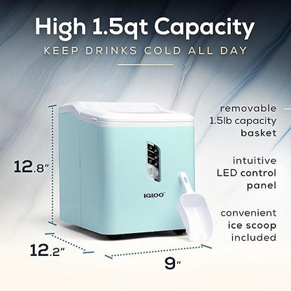 Igloo Automatic Ice Maker, Self-Cleaning, Countertop Size, 26 lbs in 24 Hours, 9 Large or Small Ice Cubes in 7 Minutes, LED Control Panel, Scoop Included, Great for Water Bottles, Mixed Drinks, Aqua