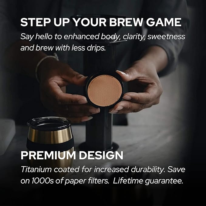 Filter for use in AeroPress Go/AeroPress Coffee Makers - Disc Fine - Reusable - Premium Coated Stainless Steel (Rose Gold, Metal) - Brew Tips Included