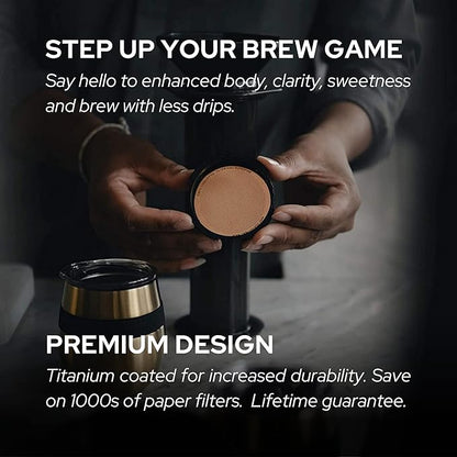 Filter for use in AeroPress Go/AeroPress Coffee Makers - Disc Fine - Reusable - Premium Coated Stainless Steel (Rose Gold, Metal) - Brew Tips Included