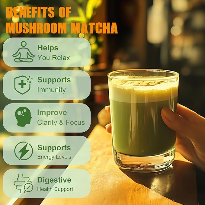 Mushroom Matcha with 6 Adaptogenic Mushrooms and Ceremonial-Grade Matcha, MCT Oil, Coconut Milk Powder for Better Energy, Focus, Digestion and Immunity, 30 servings