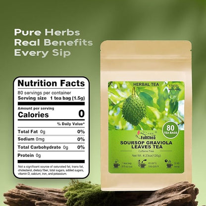 FullChea - Soursop Leaves Tea Bags, 80 Counts - Premium Hojas De Guanabana Tea - Non-GMO - Caffeine-free - Improve Digestion, Support Skin & Sleep