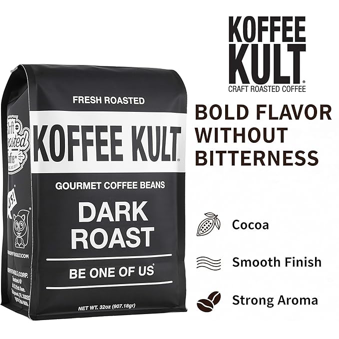 Koffee Kult Dark Roast Whole Bean Coffee - Small Batch 100% Arabica Gourmet Blend, Smooth and Well Balanced Artisan Roasted in 32oz Resealable Package
