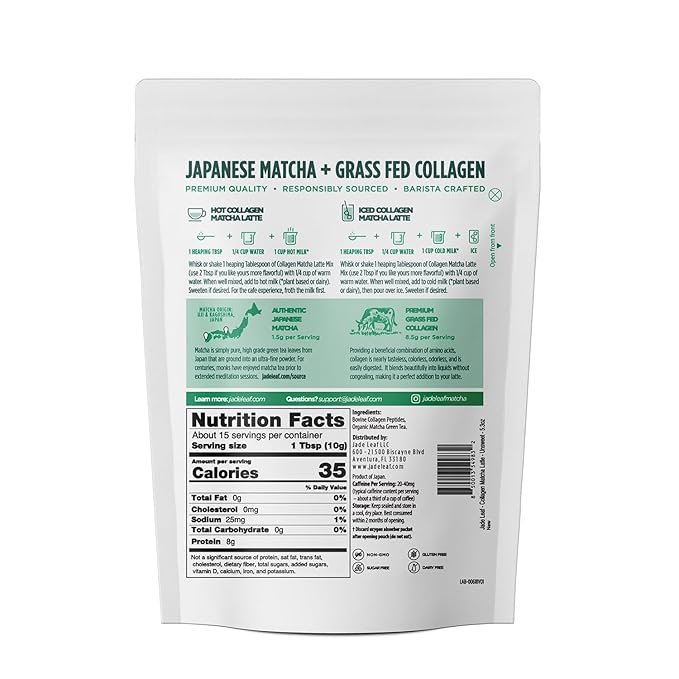 Jade Leaf Matcha Organic Premium Ceremonial Grade Matcha Green Tea Powder - Japanese - Culinary, Ingredient, Ceremonial Barista Teahouse, Latte, Collagen, 5.3 Ounce (Pack of 1), Sugar Free Collagen Matcha Latte