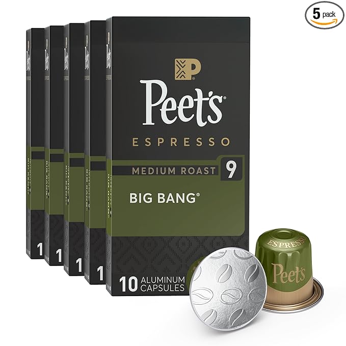Peet's Coffee, Medium Roast Espresso Capsules, Compatible with Nespresso Original Machines - Big Bang Intensity 9, 50 Count (5 Boxes of 10 Espresso Capsules)