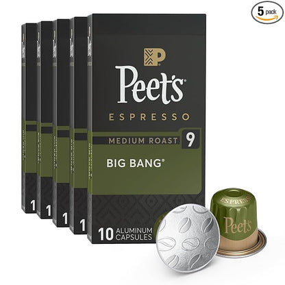 Peet's Coffee, Medium Roast Espresso Capsules, Compatible with Nespresso Original Machines - Big Bang Intensity 9, 50 Count (5 Boxes of 10 Espresso Capsules)