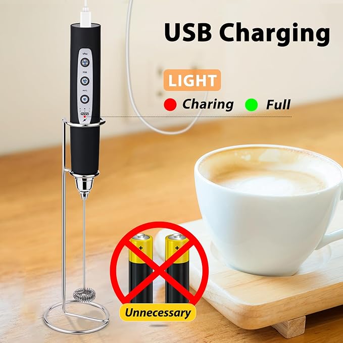 Milk Frother with Stand Rechargeable-Handheld Coffee Frother with 3 Stainless Whisks 3 Speed Adjustable, Electric Whisk Drink Mixer, Foam Maker Blender for Matcha Latte Cappuccino Chocolate