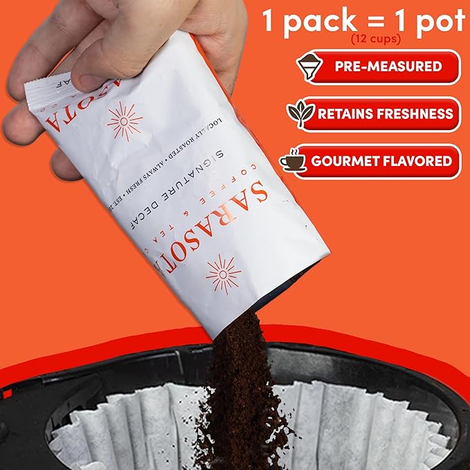 Coffee Packets – Decaf Medium-Dark Roast Ground Coffee, Low Acid Mold Free 2 oz Packs for 12 Cup Brewers, Pre-Measured Fractional Packs, 12 Count Box – Sarasota