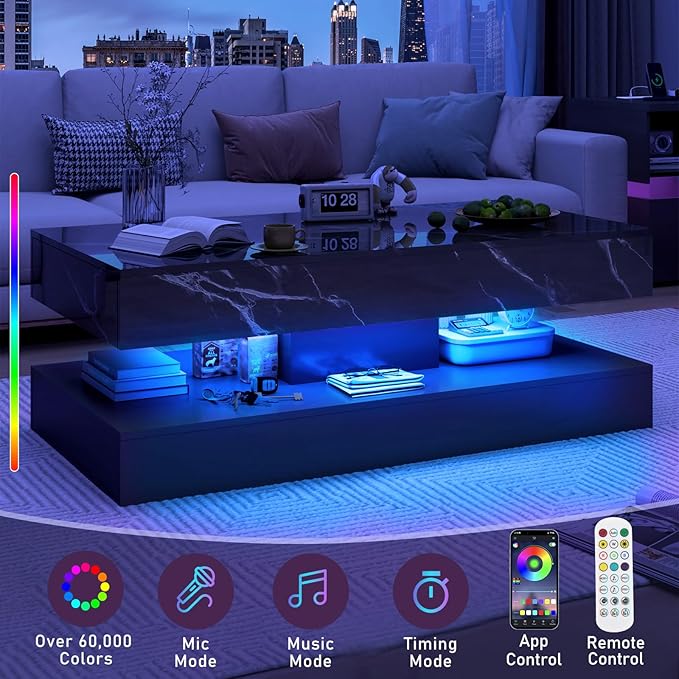 47.2" Large High-Glossy LED Coffee Table with 2 Sliding Drawers, Living Room Storage Coffee Tables with Marbling Print, Modern Stylish Double-Layer Center Tables w/LED Lights, Black